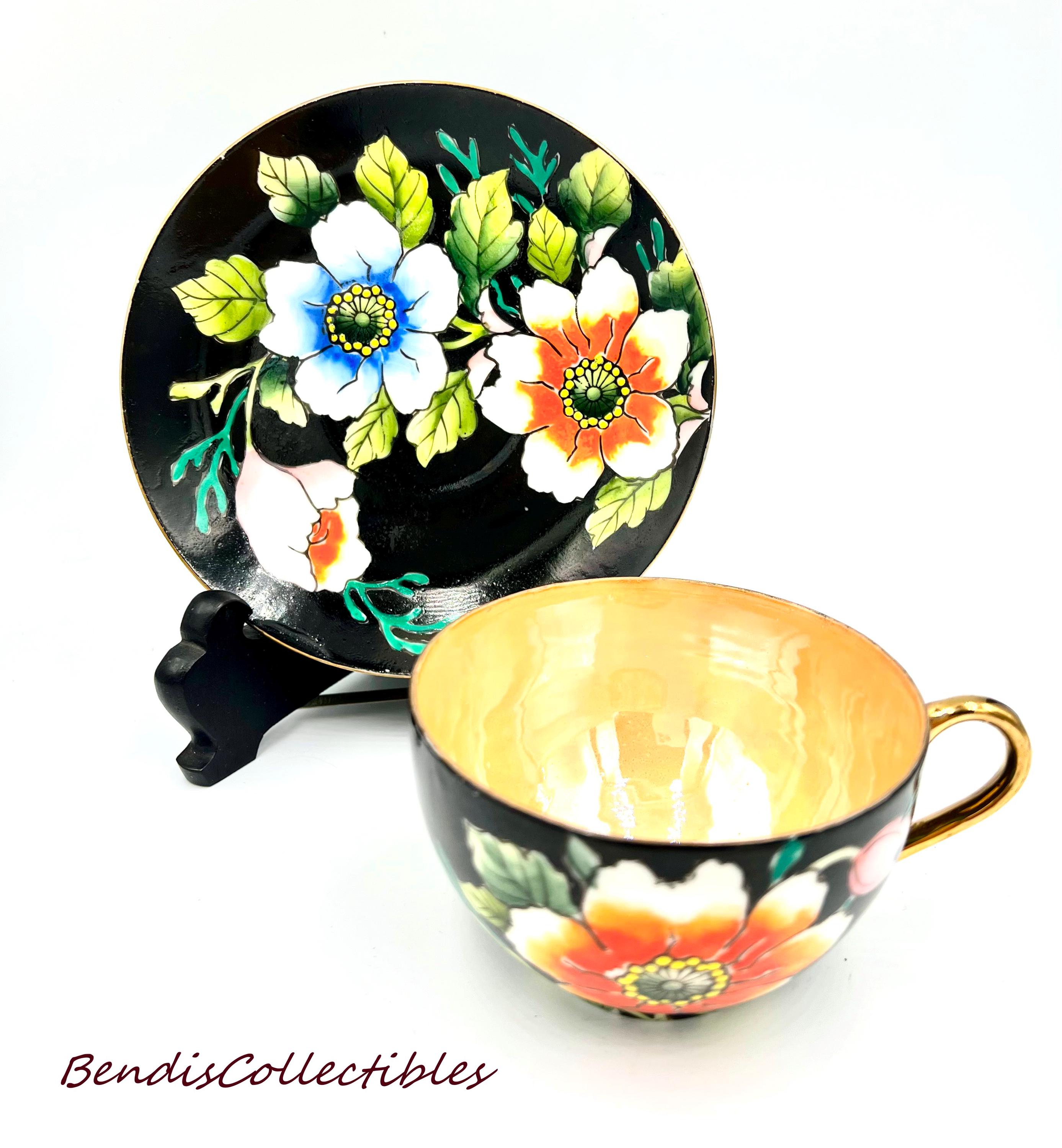 Vintage Paper Thin Porcelain Lusterware Japan. Tea Set Black