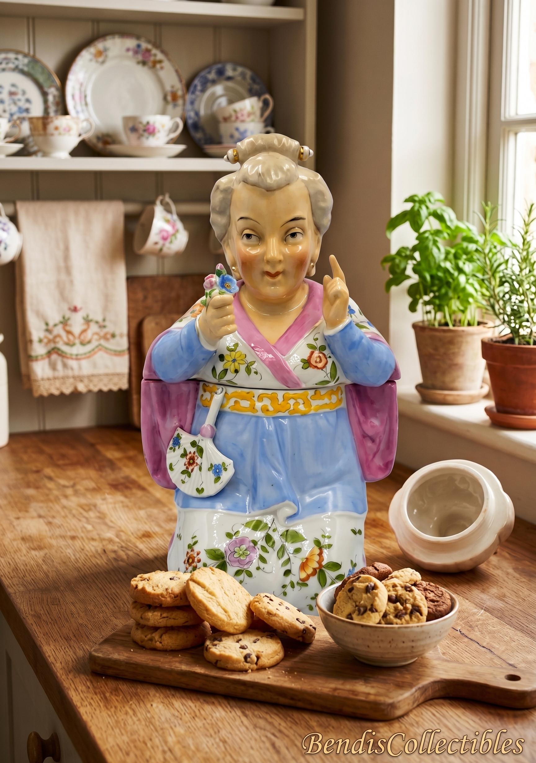 Vintage Ceramic Granny Cookie Jar, Hand-painted Kimono Figurine