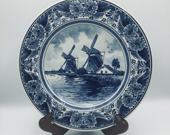 Vintage Delft Blauw hand painted wall plate. White Blue Dutch Windmill design. Signed. @BendisCollectibles