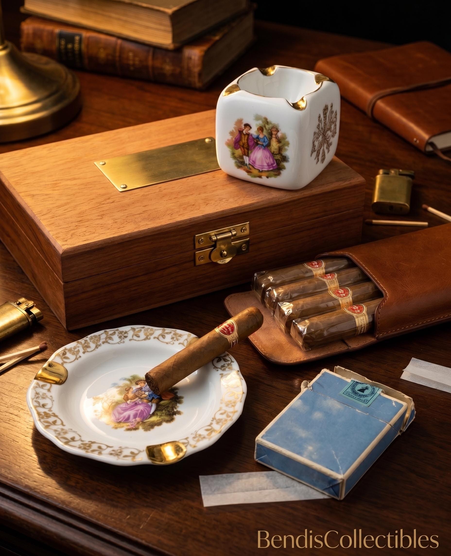 Vintage Limoges France Ashtray Set, Fragonard Courting, Gold Gilt
