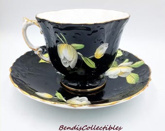 Vintage Aynsley Black Magnolia Cup & Saucer – Quatrefoil Fluted