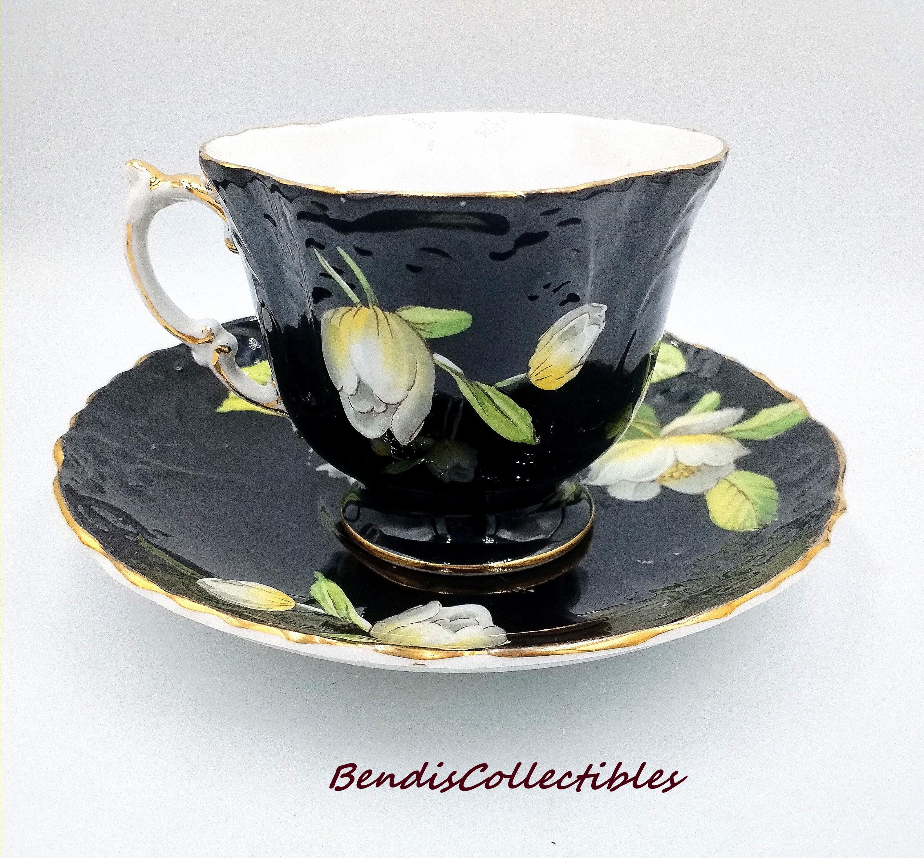 Vintage Aynsley Black Magnolia Cup & Saucer – Quatrefoil Fluted