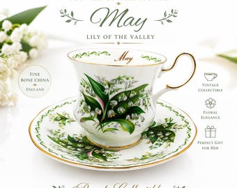 Taza y platillo Vintage Queens Flor del Mes "Mayo" Lirio del Valle. @BendisCollectibles