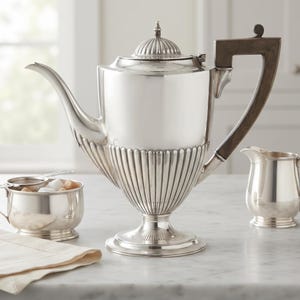 Puede incluir: Una cafetera de plata con mango de madera oscura, base acanalada y tapa a juego, acompañada de un pequeño azucarero de plata con colador y una jarra de leche de plata. El texto BendisCollectibles es visible en la parte inferior.