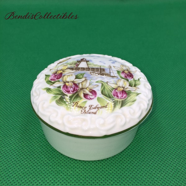 Vintage Floral Prince Edward Island trinket box -Porcelain Floral Trinket Box -Prince Edward Island Souvenir-Provincial Flower Lady Slippers