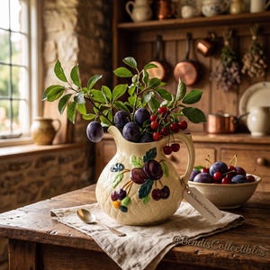 Puede incluir: Una jarra de cerámica de color crema con un motivo de frutas en relieve que representa ciruelas y cerezas. La jarra está llena de ramas con hojas verdes, ciruelas moradas frescas y cerezas rojas, con una pequeña etiqueta que dice BendisCollectibles.