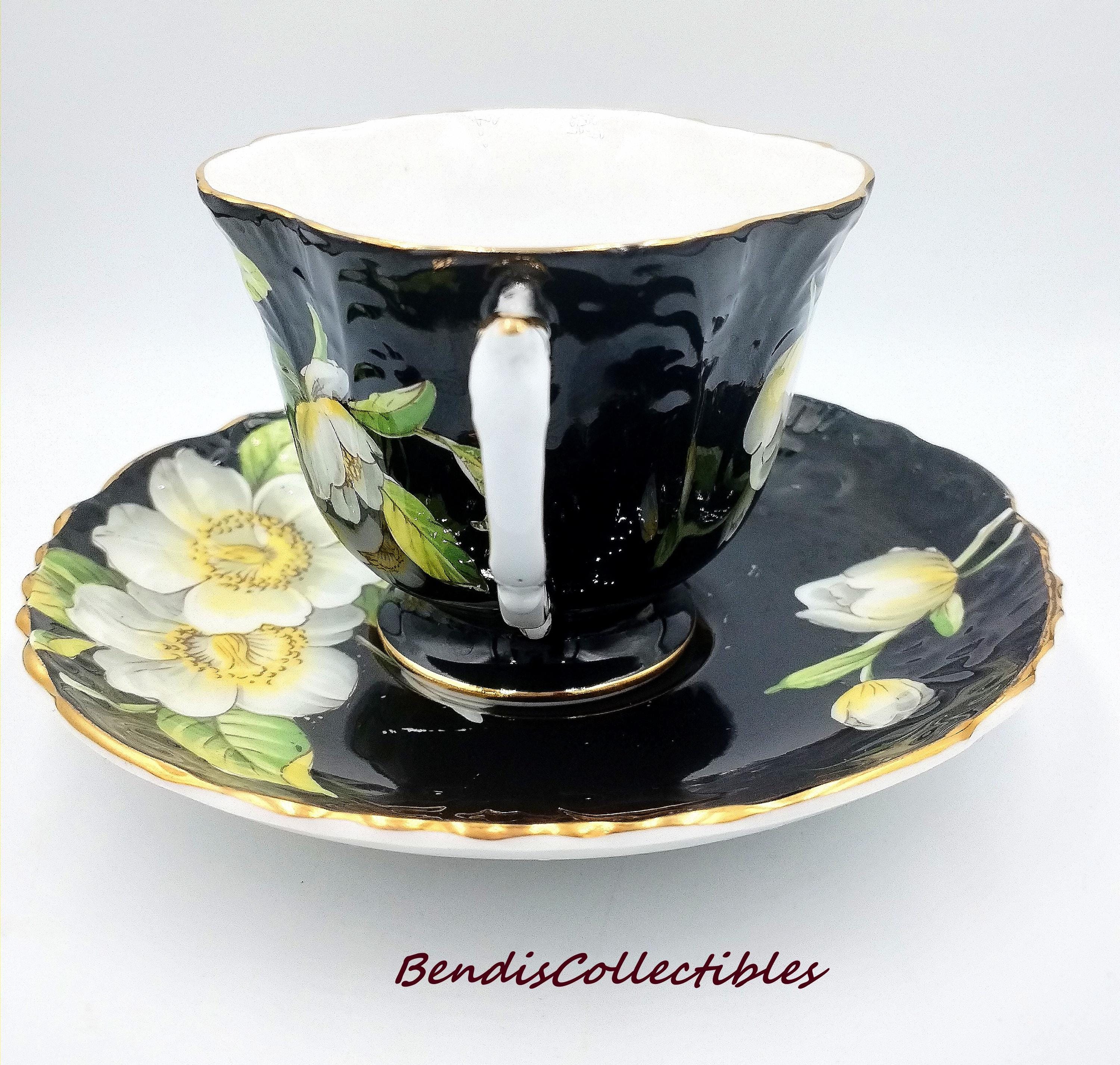 Vintage Aynsley Black Magnolia Cup & Saucer – Quatrefoil Fluted