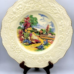 Vintage RARE Crown Ducal Ivory Scalloped Gold Rim Embossed Floral Serving Plate. @BendisCollectibles