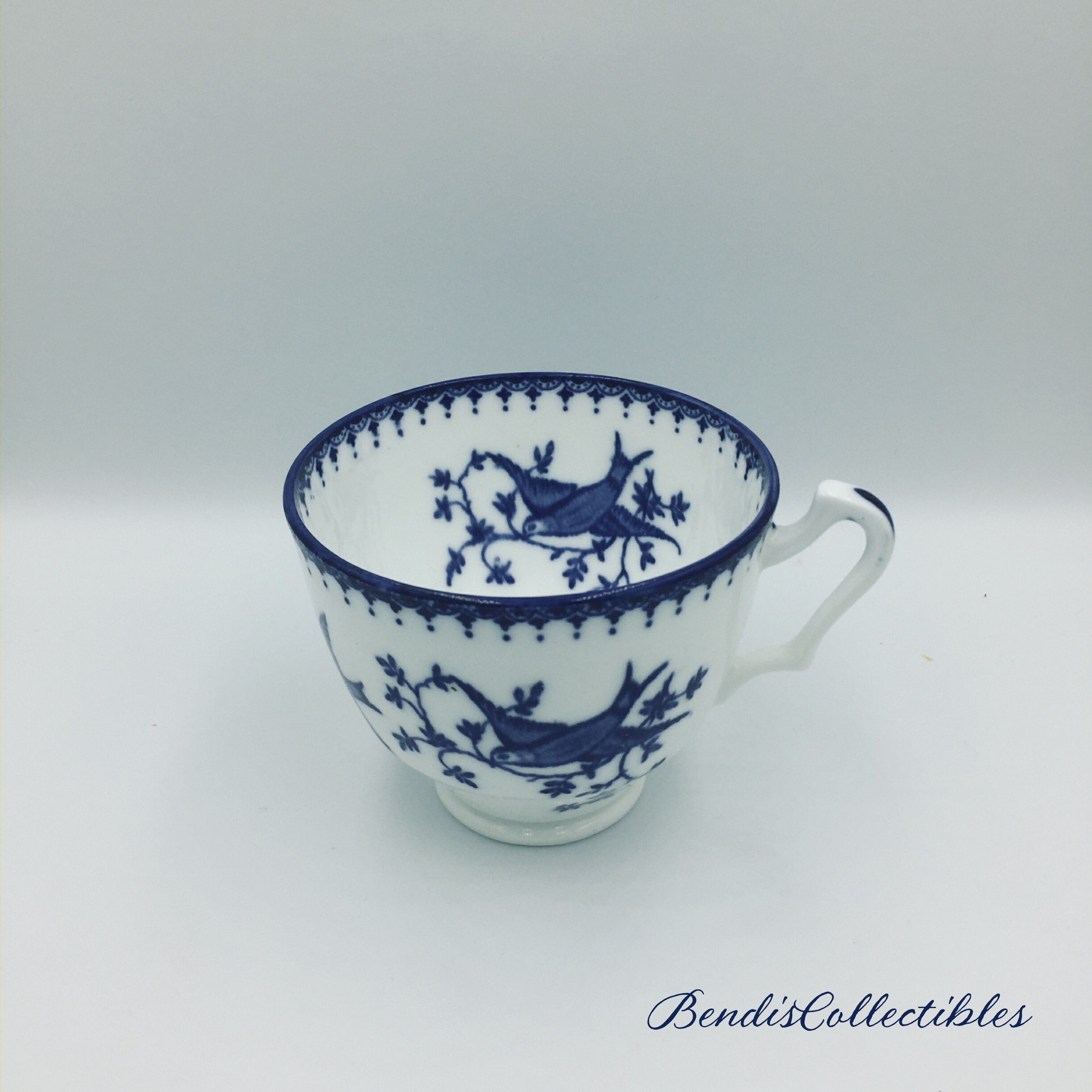 Antique William Lowe Court Teacup White and Blue. Aldiner Longton