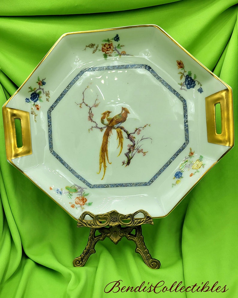 Antique RARE Limoges France. Birds of Paradise Octagonal Tray. Theodore