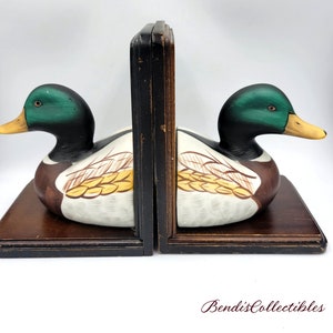 Vintage Porcelain Mallard Duck Bookends Wood Stand. @BendisCollectibles