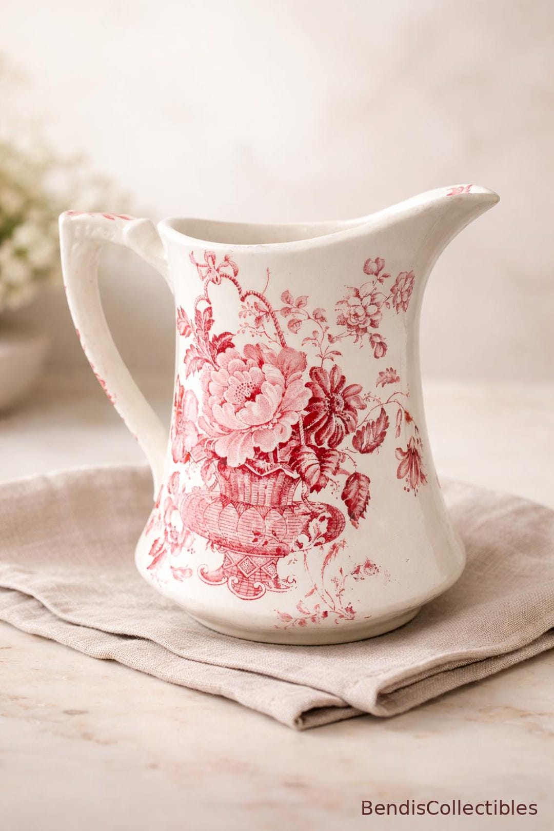 Antique Alfred Meakin Redware Transferware Pitcher, Staffordshire
