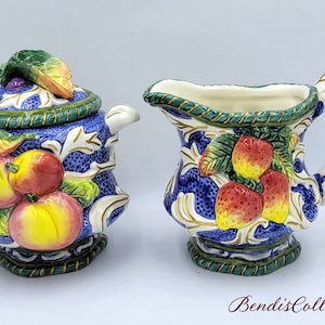 Vintage Fitz and Floyd Creamer & Sugar Bowl Set: Fruit Design