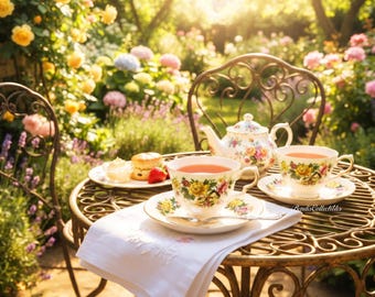 Può includere: Un servizio da tè in porcellana con motivo floreale di rose gialle e rosa, che include una teiera, due tazze con piattini e un piattino con uno scone e una fragola, posato su un tovagliolo bianco su un tavolo di metallo.