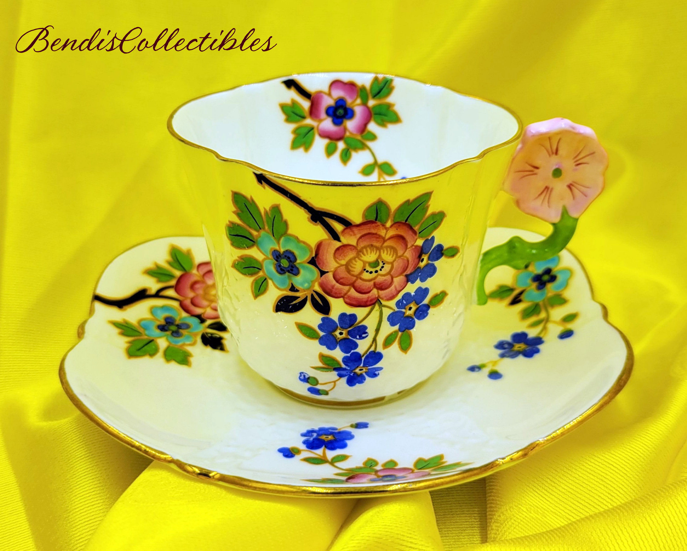 Vintage RARE Aynsley Pink Flower Handle Teacup and Saucer