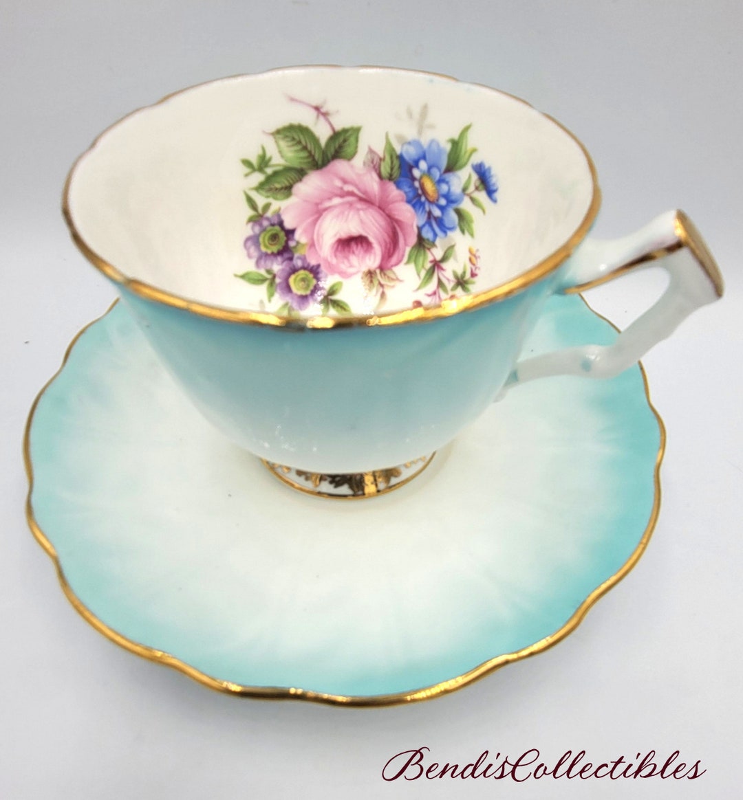 Vintage Aynsley Bone China Cup and Saucer: Blue Cabbage Roses