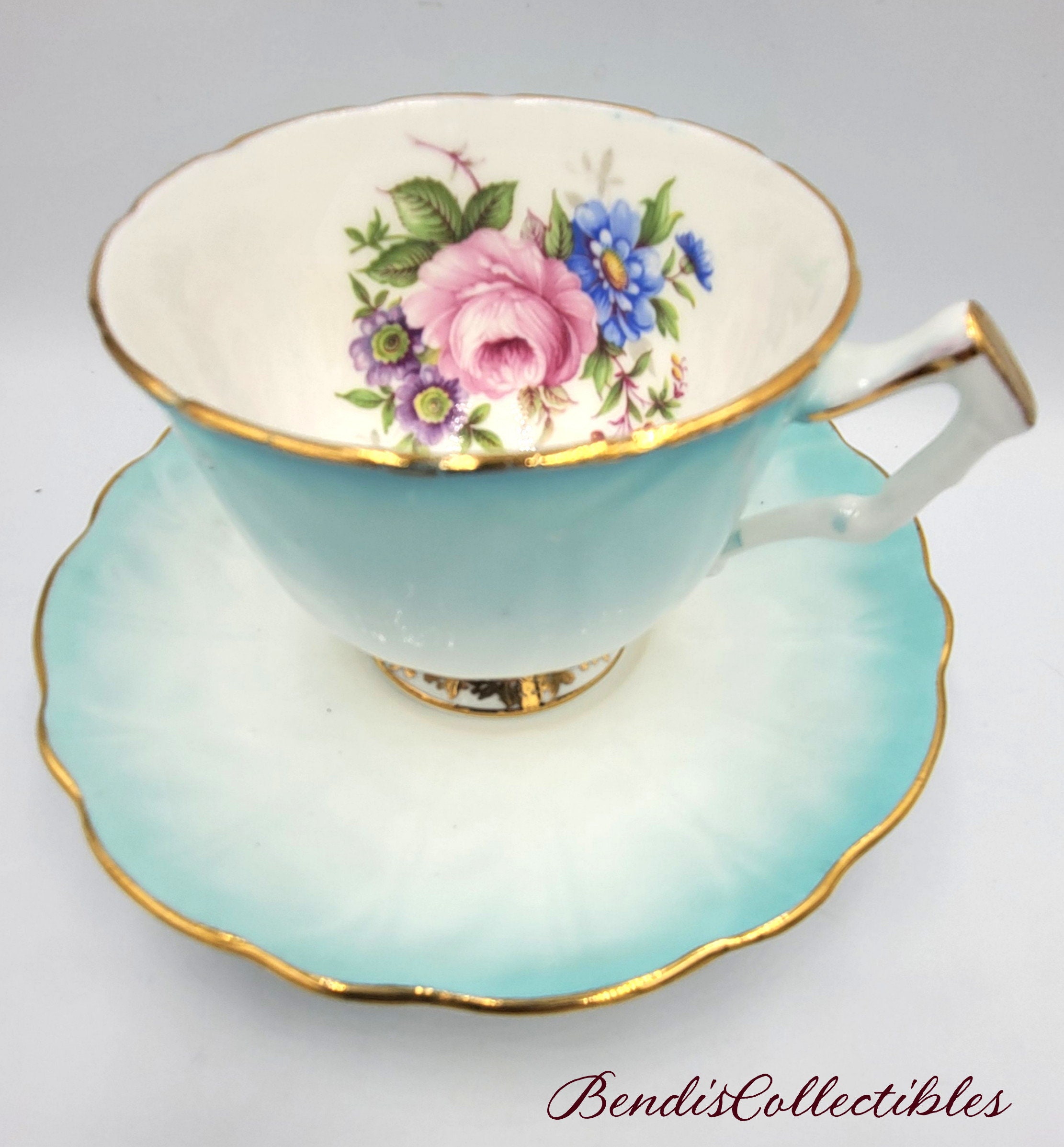 Vintage RARE Aynsley #2712 Six Foil Blue Cup and Saucer. Bone China 29. Cabbage Roses w Gold rim. @BendisCollectibles