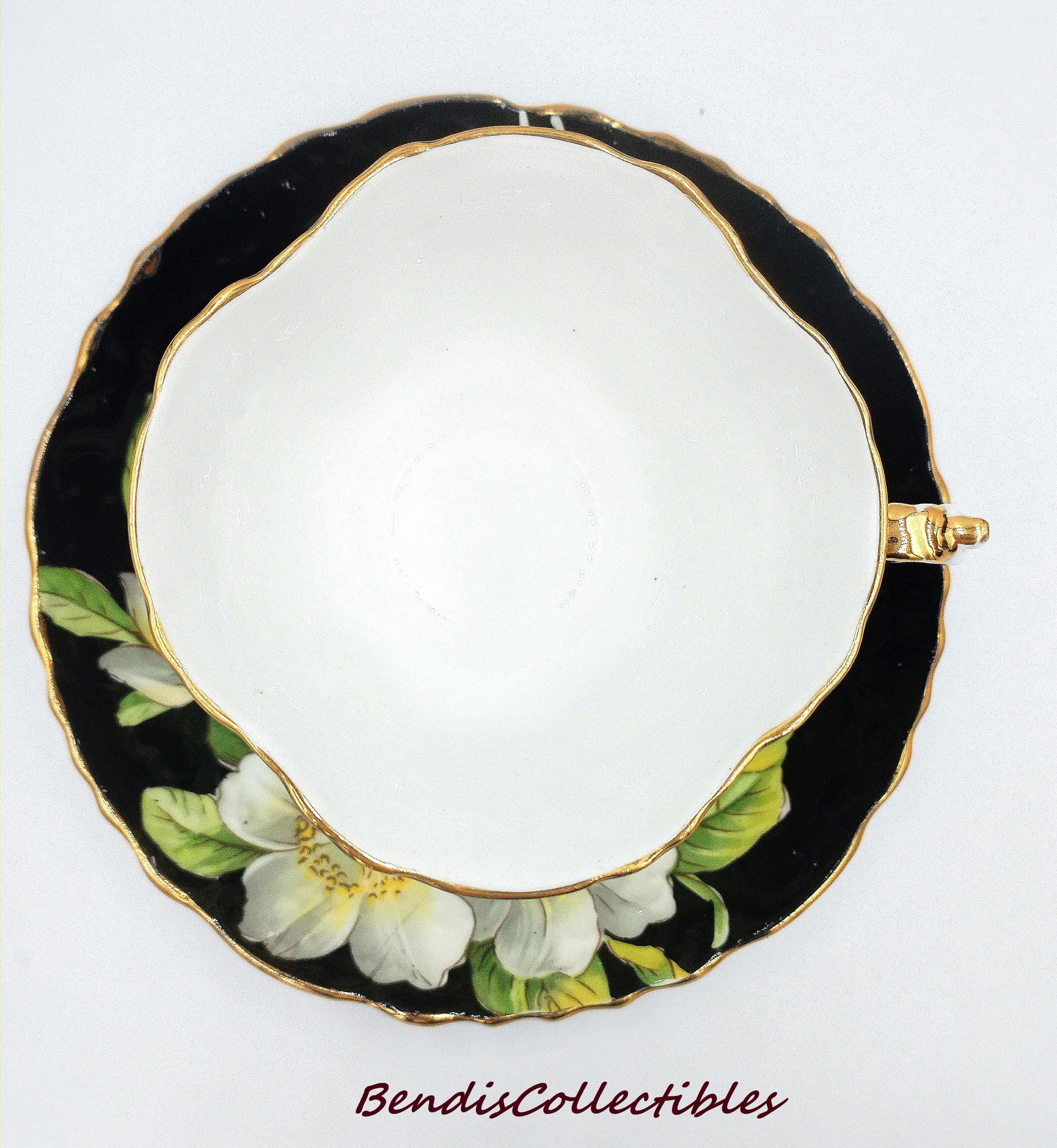 Vintage Aynsley Black Magnolia Cup & Saucer – Quatrefoil Fluted