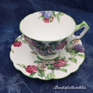 Vintage Aynsley Cup and Saucer Hydrangea Design. Green Edge.@BendisCollectibles