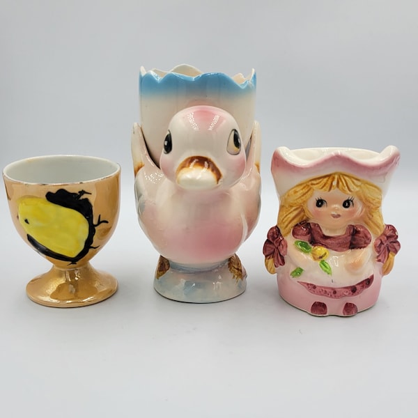 Vintage 3 Laura Secord and Japan Egg Cups- Spring-Easter- Chick Duck- Luster Chick - Little Girl.@BendisCollectibles