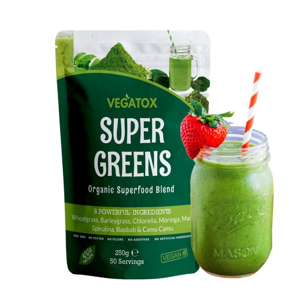 Super Greens Powder for Bloating, Gut Health, Energy & Immunity, 50 Servings, Organic Green Superfood, VEGATOX