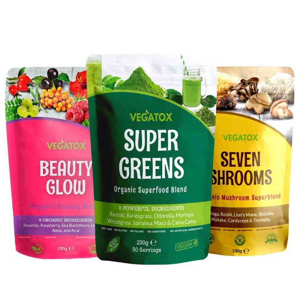 Superfood Powders Bundle, Healthy Superfoods Powders, Super Greens 250g, Mushroom Powder 100g, Super Berry Collagen Booster Organic & Vegan