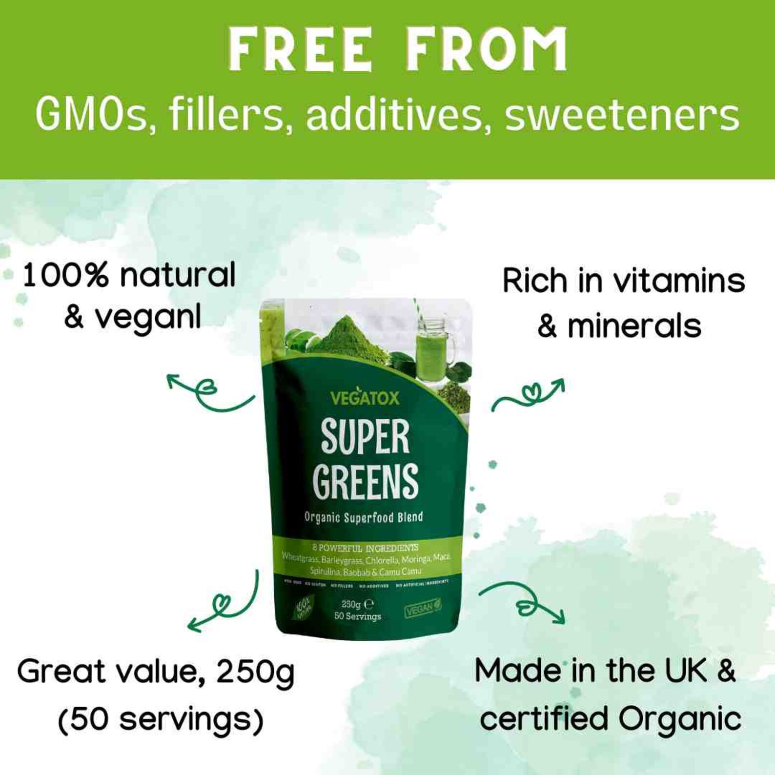 Super Greens Powder for Bloating, Gut Health, Energy & Immunity, 50 Servings, Organic Green Superfood, VEGATOX