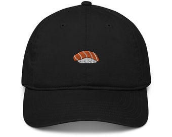Gorra de béisbol de algodón orgánico bordada con sushi de salmón