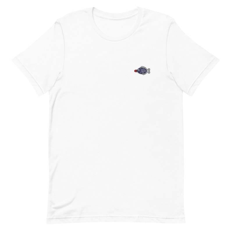 May include: White t-shirt with a small embroidered blue fish with a red fin.