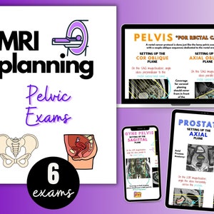 Puede incluir: Una ilustración gráfica de una máquina de resonancia magnética con el texto "MRI planning Pelvic Exams 6 exams". La imagen también muestra un diagrama de la región pélvica y un diagrama de la próstata.