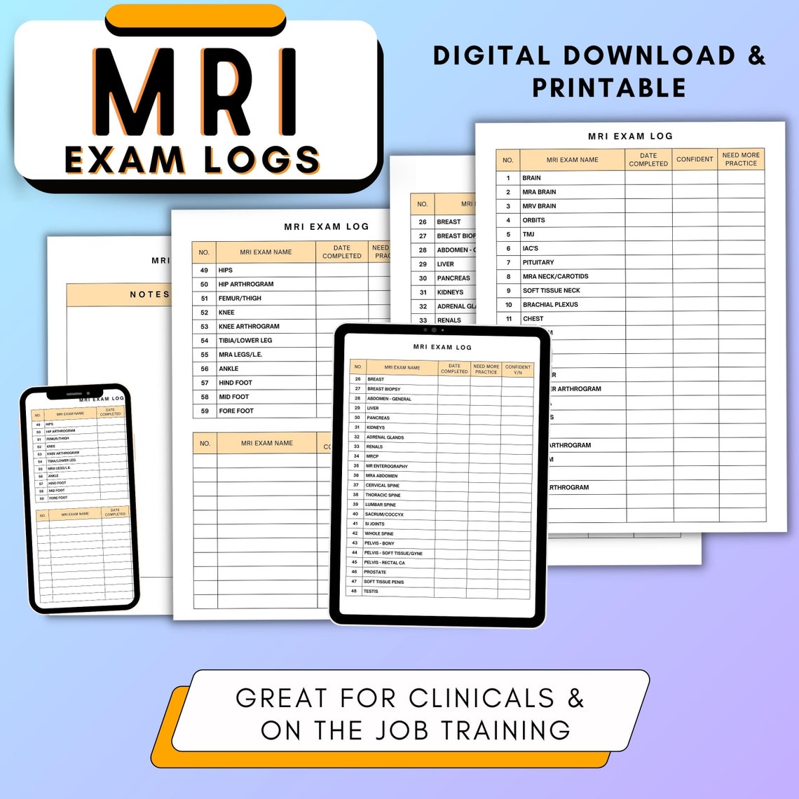 MRI Exam Log, ARRT ARMRIT, Mri Clinical Log, Clinical Notes, Mri Study