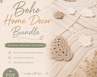 May include: A digital crochet pattern titled Boho Home Decor Bundle featuring step-by-step instructions and reference photos. The image displays a beige textured fabric adorned with hanging crocheted flower and leaf shapes in cream and tan.