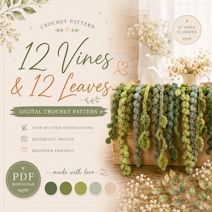 Puede incluir: Un patrón de ganchillo digital titulado 12 Vines & 12 Leaves con instrucciones paso a paso y fotos de referencia. La imagen muestra varias hebras de enredaderas de ganchillo en varios tonos de verde colgando sobre una caja de madera.