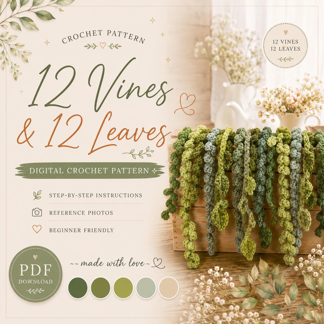 38 Crochet Leaf Patterns To Welcome Fall With Appliqués, Garlands, and Botanical Details 9 Pattern Vines and Leaves Crochet Pattern Bundle