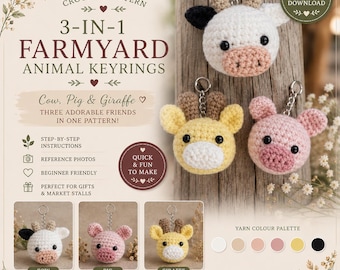 PATTERN |  3xKeyring Patterns | Giraffe Cow Pig | Keychain Crochet Pattern | Quick Crochet Patterns | Beginner Friendly Crochet