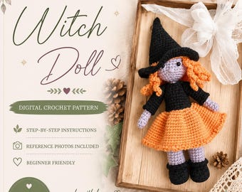 May include: A digital crochet pattern for a witch doll featuring text that reads CROCHET PATTERN Witch Doll DIGITAL CROCHET PATTERN STEP-BY-STEP INSTRUCTIONS REFERENCE PHOTOS INCLUDED BEGINNER FRIENDLY PDF DOWNLOAD. The doll has orange hair, a black hat, a black top, an orange skirt, and black shoes.