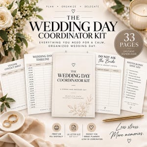 Puede incluir: Un kit de coordinador de bodas de 33 páginas con plantillas imprimibles que incluyen una hoja de contacto de proveedores, cronograma del día, lista de contactos de emergencia y lista de fotos, con un diseño neutro y motivos florales.