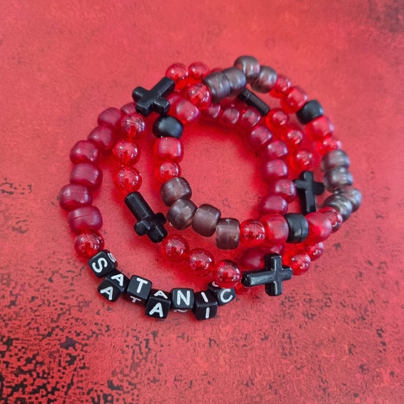 3 Pack Black and Blood Red 'SATANIC' Goth Beaded Kandi Rave Bracelets 