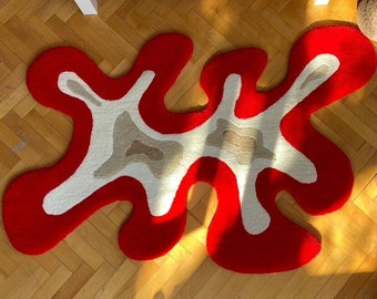 Red Abstract Design Tufted Rug, 145x110 cm (57x43 inç), Tufting Rug, %100 Hand Tufted Rug, Custom, Sold. I can make a new one for you.