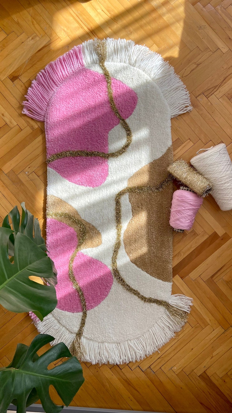 Pink Abstract Design Tufted Rug, Tassel Detailed, 123x49 cm 48x19 inç, Tufting Rug, %100 Hand Tufted Rug, Tufted Rug, Custom, Home Decor zdjęcie 1