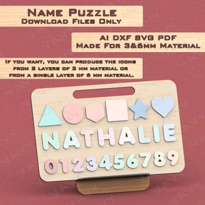 Baby naam puzzel digitaal bestand voor CNC glowforge laser gesneden sjabloon, laser vector patroon Ai, pdf, svg, dxf formaten, gemakkelijk laser gesneden
