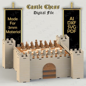 May include: A wooden castle chess set with a chessboard and pieces. The castle is made of wood and has a brown wooden door. The chessboard is black and white and the pieces are made of metal. The set is designed for 3mm material. The image includes the text "Castle Chess Digital File" and "Made For 3mm Material".