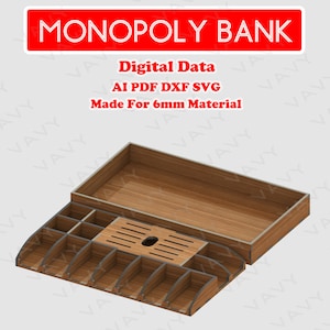 Monopoly Bank Digital File For Laser Cut CNC Glowforge Template, Laser Vector Pattern Ai, Pdf, Svg, Dxf Formats, Easy To Make