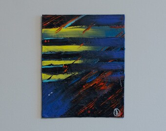 Original Abstract Chromesthesia Painting, Futuristic Lines, Yellows, Violets, Reds, Blacks, Acrylic on Board