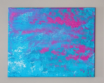 Original Abstract Painting, Hot Pink, Blue, Sponge, Acrylic on Stretched Canvas