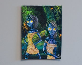 Original Abstract Chromesthesia Painting, Eccentric Illustrated Cartoon Cutouts, Glow in the dark paint on Board