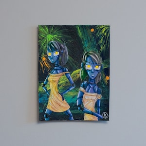 Pintura original de cromestesia abstracta, recortes de dibujos animados ilustrados excéntricos, pintura que brilla en la oscuridad a bordo