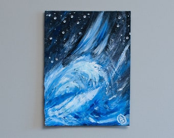 Original Abstract Chromesthesia Painting, Blue waves, Rhinestone Stars, Raised Paper Wave Cutout, Acrylic on Board