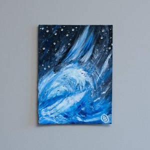 Pintura original de cromestesia abstracta, ondas azules, estrellas de pedrería, recorte de ondas de papel elevado, acrílico a bordo