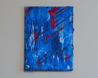 Original Abstract Painting, Cold Blue with Loud Red Strokes, Acrylic on Board